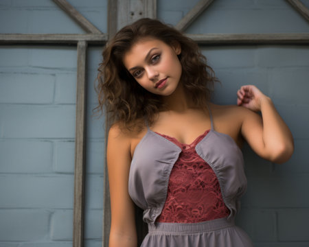 a beautiful young woman in a gray dress leaning against a wallの素材