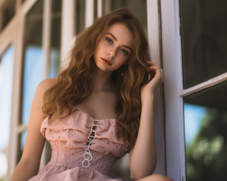 a beautiful young woman in a pink dress sitting on a window sillの素材