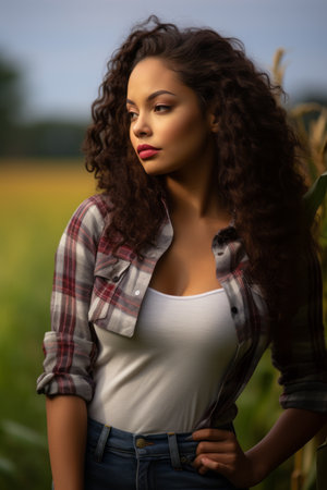 a beautiful young woman in a plaid shirt and jeans standing in a corn fieldの素材