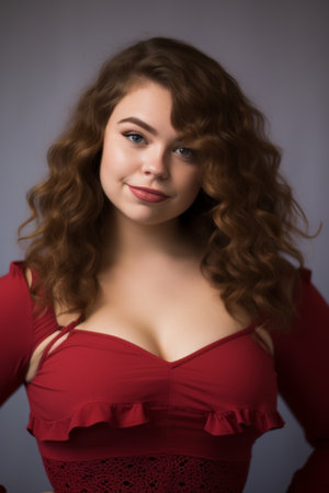 a beautiful young woman in a red dress posing for the cameraの素材