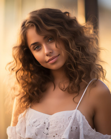 a beautiful young woman with curly hair posing for the cameraの素材