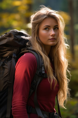a beautiful young woman with a backpack in the woodsの素材