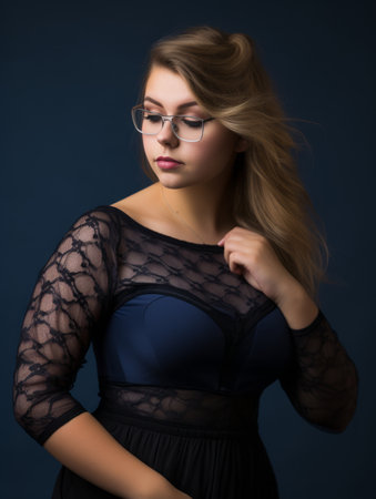 a beautiful young woman wearing glasses and a black dressの素材