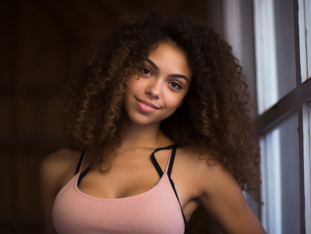 a beautiful young woman with curly hair posing for the cameraの素材