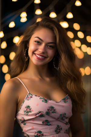 a beautiful young woman smiling in front of a string of lightsの素材