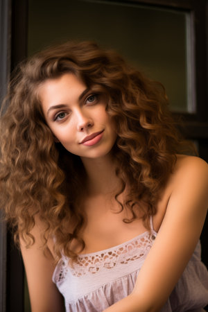 a beautiful young woman with curly hair posing for the cameraの素材