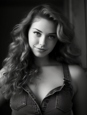 a black and white photo of a beautiful young womanの素材