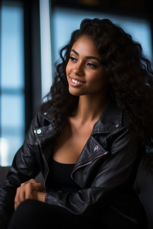 a beautiful young woman with curly hair sitting on a couchの素材