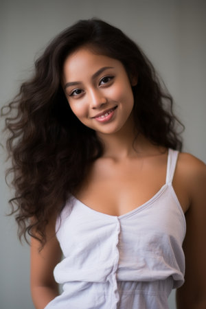 a beautiful young woman with long curly hair posing for the cameraの素材