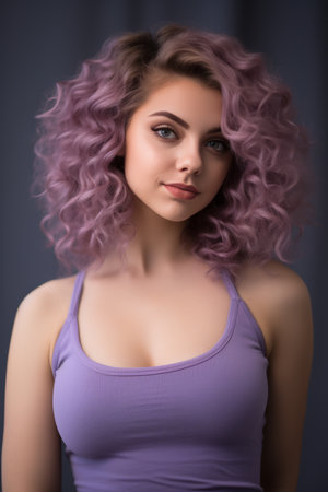 a beautiful young woman with purple hair posing for the cameraの素材
