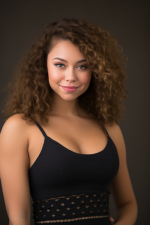 a beautiful young woman with curly hair posing for the cameraの素材