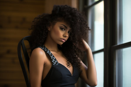 a beautiful young woman with curly hair sitting on a chairの素材