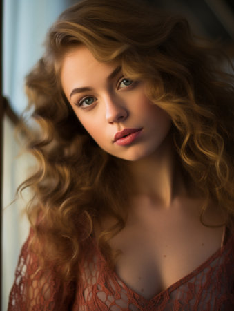 a beautiful young woman with long curly hairの素材