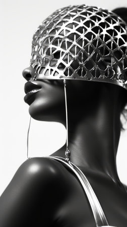 a black and white photo of a woman wearing a metal maskの素材
