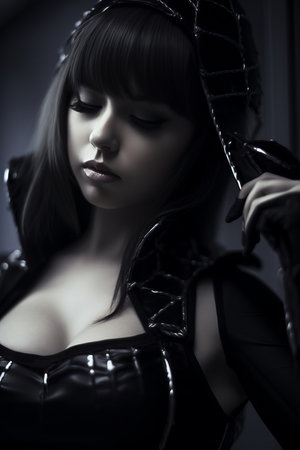a woman in a black costume with her hands on her chestの素材