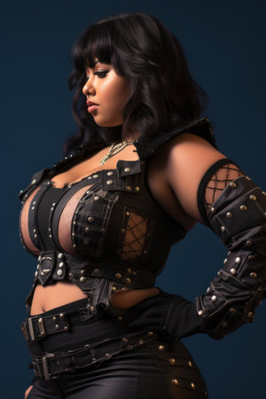 a woman in a black leather outfit posing for the cameraの素材