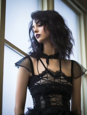 a woman in a black dress standing by a windowの素材