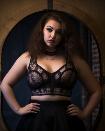 a woman in a black lace bralet posing for the cameraの素材