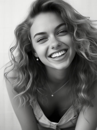 a black and white photo of a woman smilingの素材