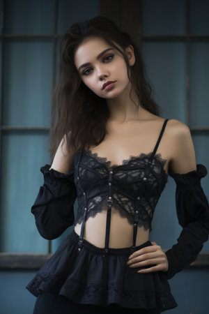 a woman in a black lace corset with her hands on her hipsの素材
