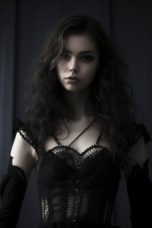 a woman in a black corset posing for the cameraの素材