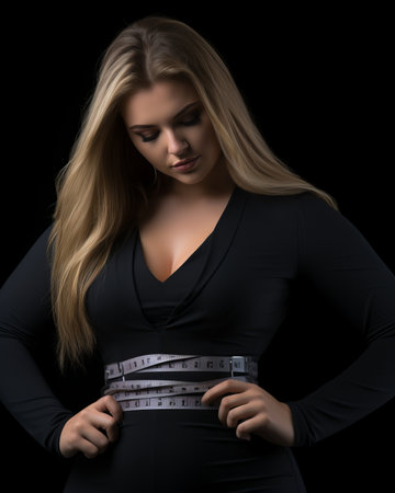 a woman in a black dress with a measuring tape around her waistの素材