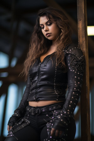 a woman in a black leather outfit posing for the cameraの素材