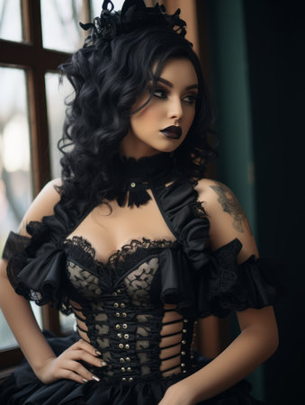 a woman in a black corset with black hair and tattoosの素材