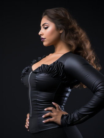 a woman in a black leather jacket posing for the cameraの素材