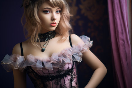 a woman in a corset posing in front of a purple curtainの素材