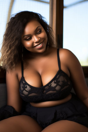 a woman in a black bra and panties sitting on a couchの素材