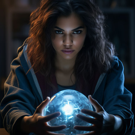 a woman holding a glowing crystal ball in front of herの素材