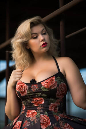 a woman in a floral dress posing for the cameraの素材