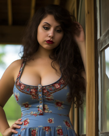 a woman in a floral dress posing for the cameraの素材