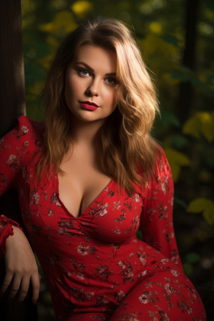 a woman in a red dress posing in the woodsの素材