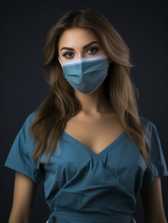 a woman in a surgical mask on a dark backgroundの素材