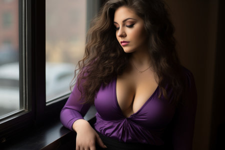 a woman in a purple top is leaning against a windowの素材