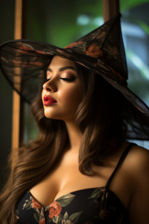 a woman in a witch hat posing for the cameraの素材
