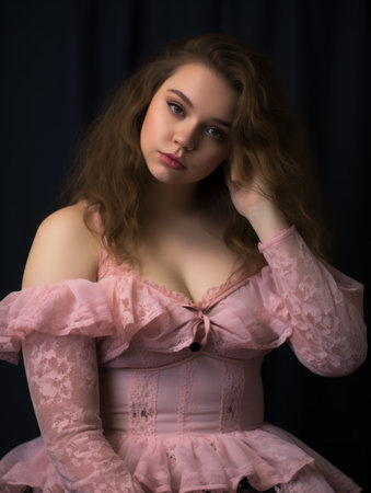 a woman in a pink dress posing for a portraitの素材