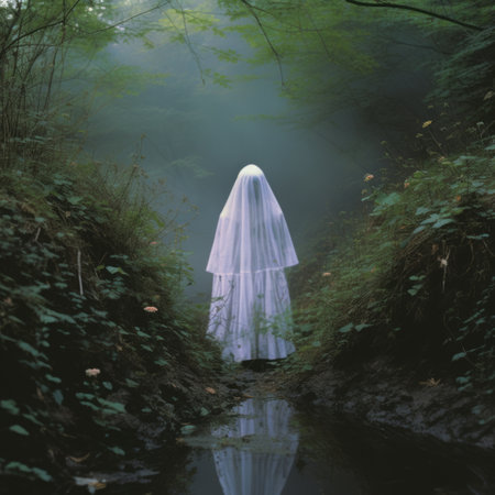 a woman in a white dress standing in the middle of a streamの素材