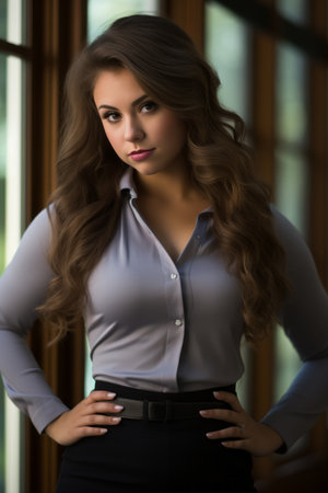a woman in a shirt and skirt standing in front of a windowの素材