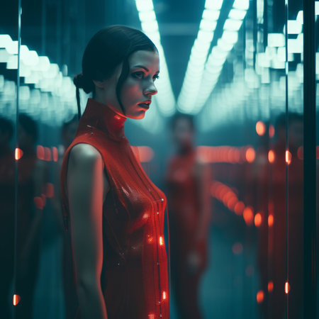 a woman in a red dress standing in front of mirrorsの素材