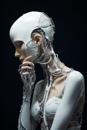 a woman in a robot suit with wires around her neckの素材