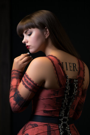a woman in a red dress with a tattoo on her backの素材