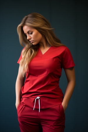a woman in red scrubs standing against a dark backgroundの素材