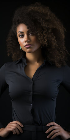 a woman with curly hair in a black shirtの素材