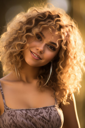 a woman with curly hair posing for the cameraの素材