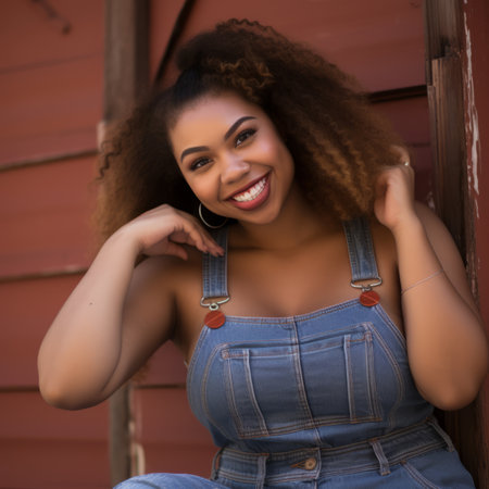 a woman with curly hair wearing a denim overalls leaning against a wallの素材