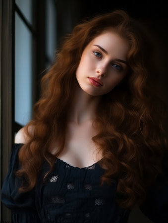 a woman with long red hair posing for the cameraの素材