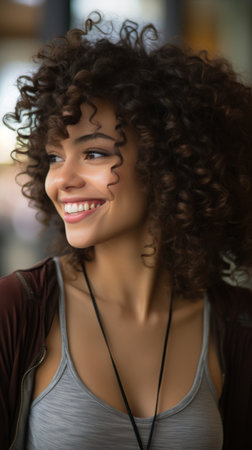a woman with curly hair smilingの素材
